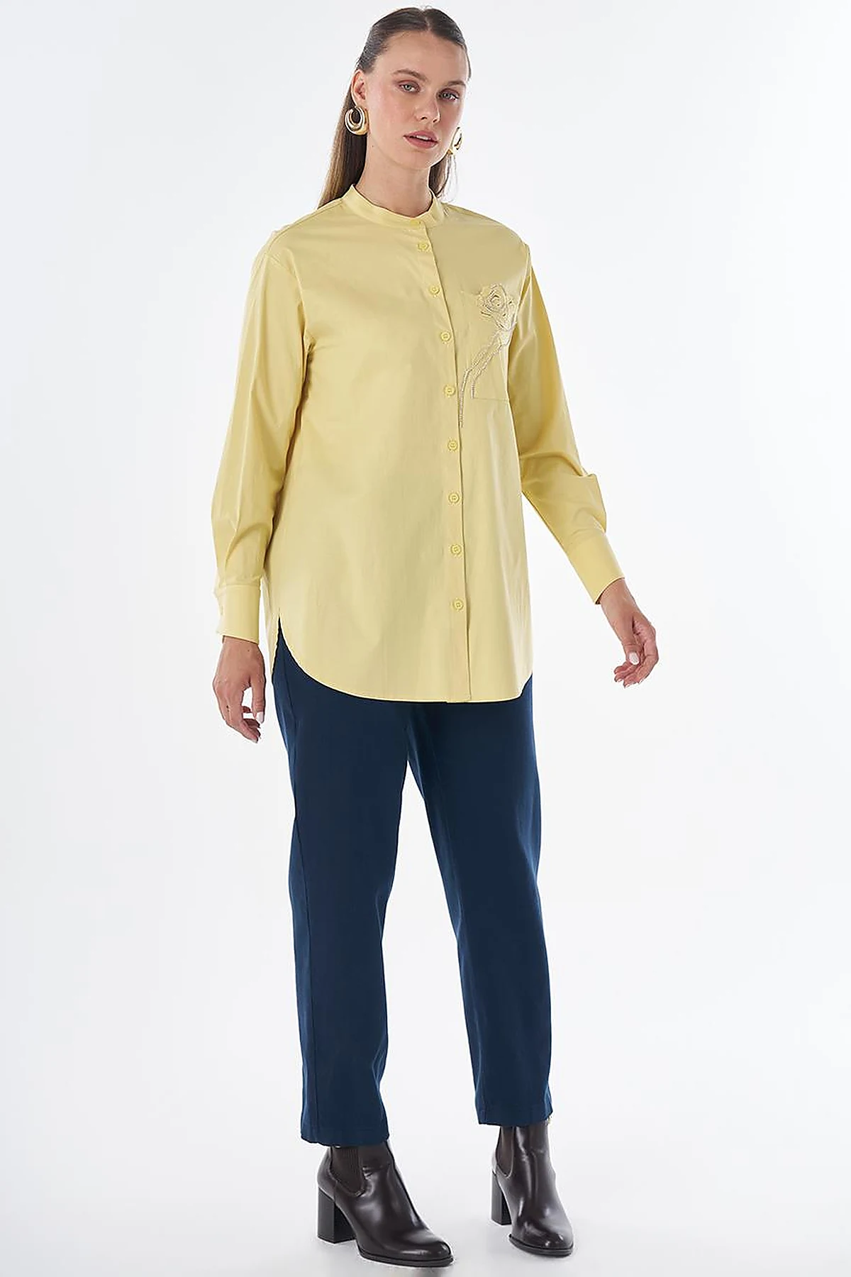 Band Collar Cotton Tunic Lemon