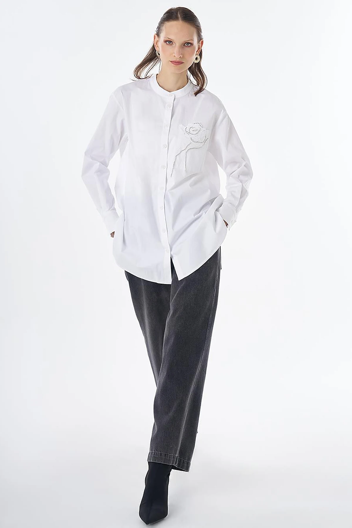 Band Collar Cotton Tunic Optical White