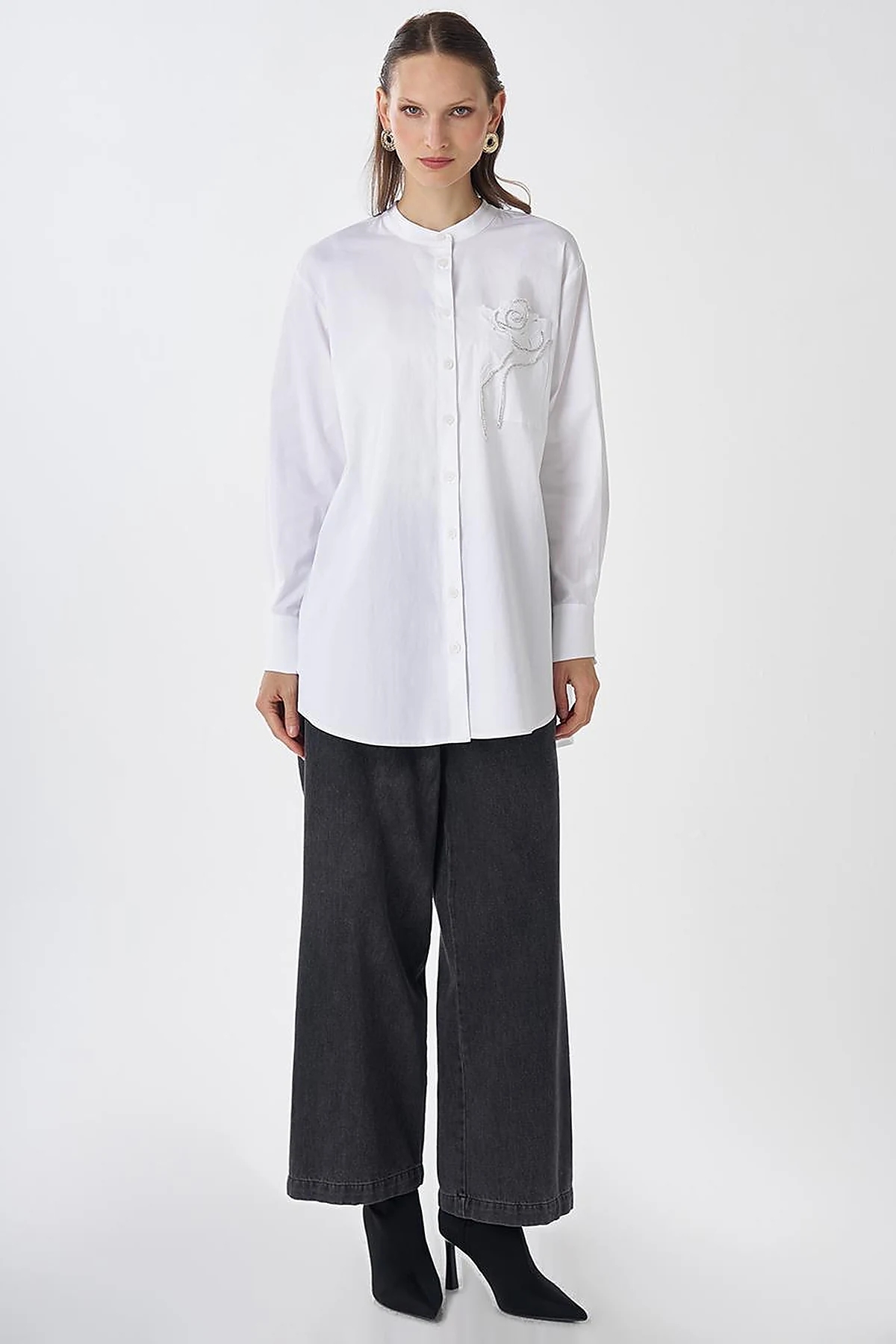 Band Collar Cotton Tunic Optical White