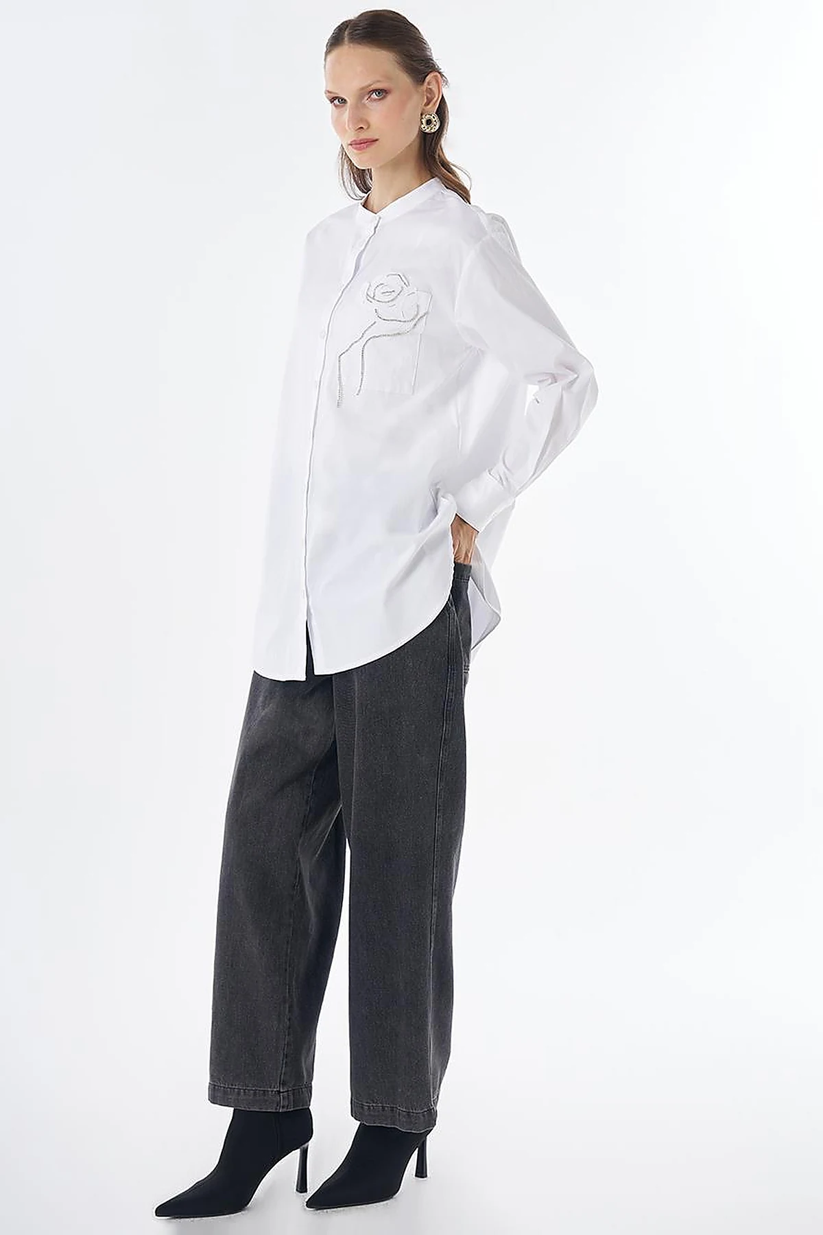 Band Collar Cotton Tunic Optical White