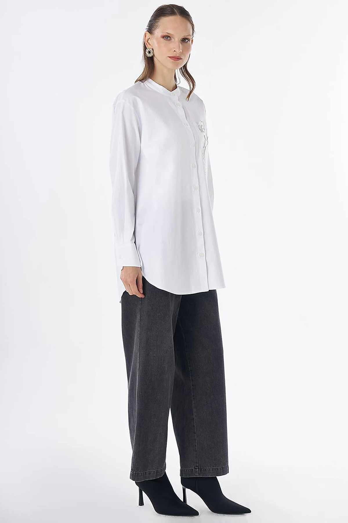 Band Collar Cotton Tunic Optical White