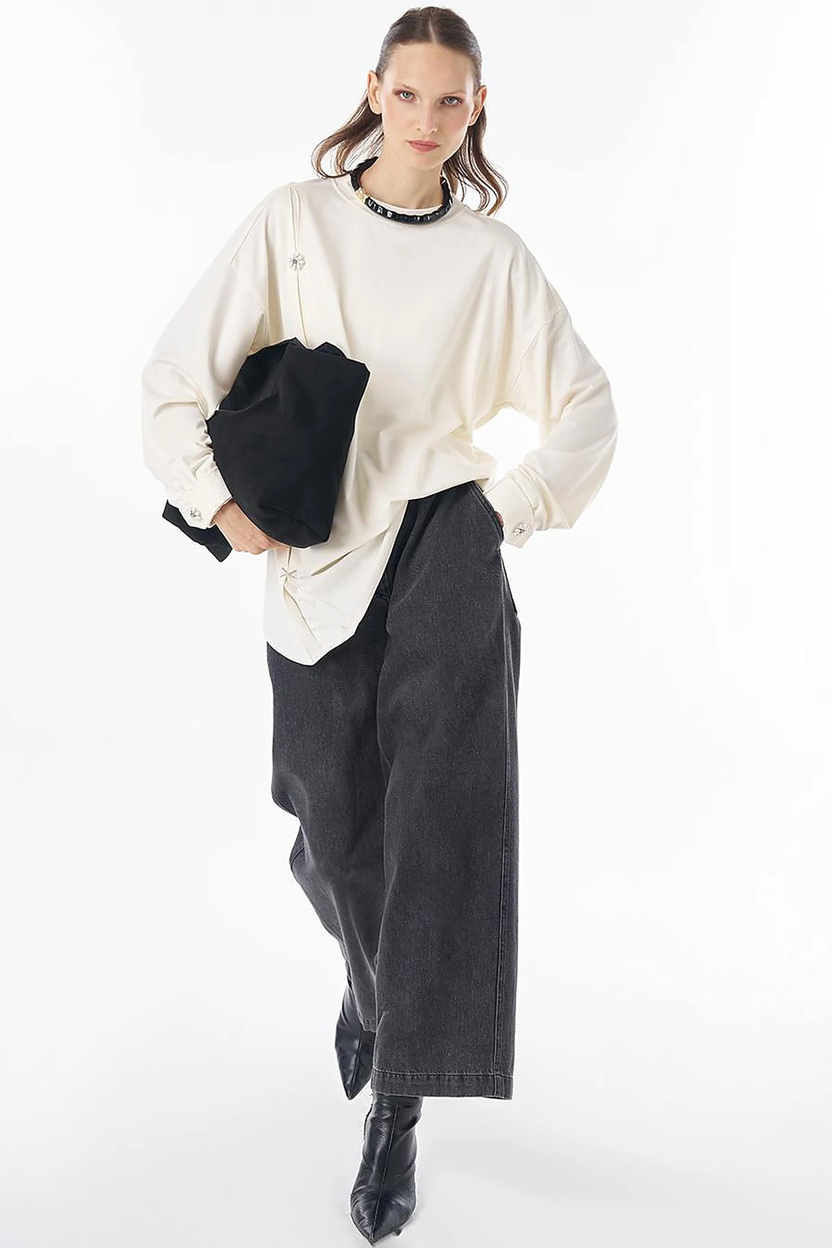Embroidered Rayon Sweatshirt Ecru