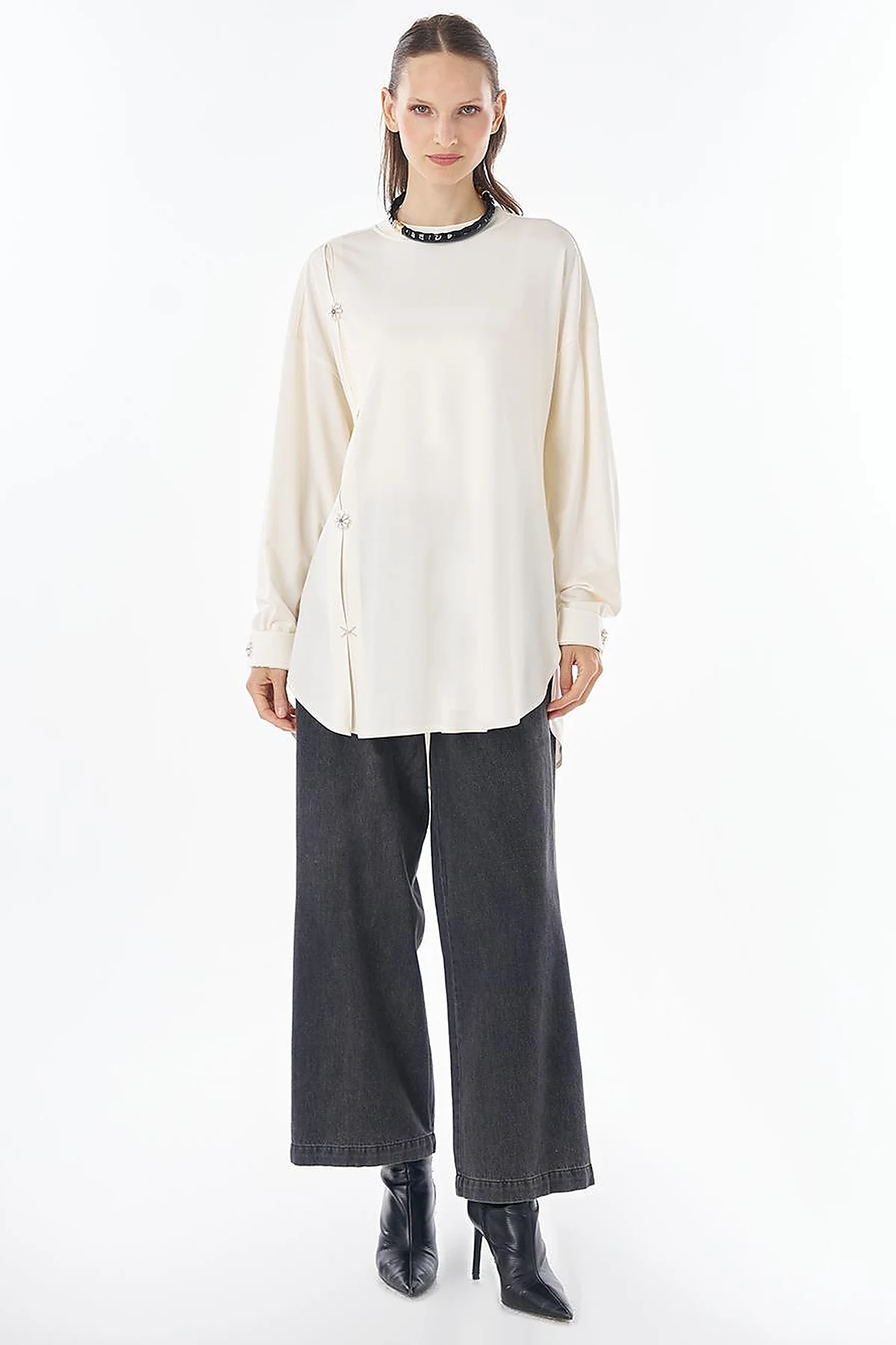 Embroidered Rayon Sweatshirt Ecru