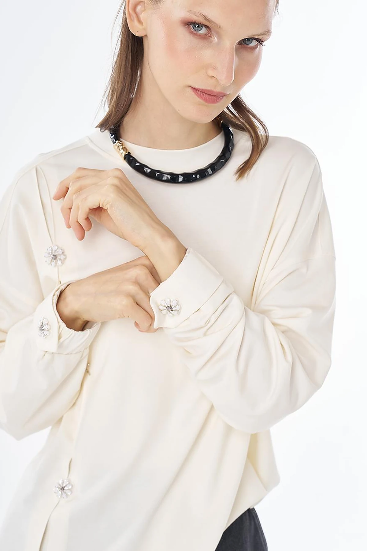 Embroidered Rayon Sweatshirt Ecru