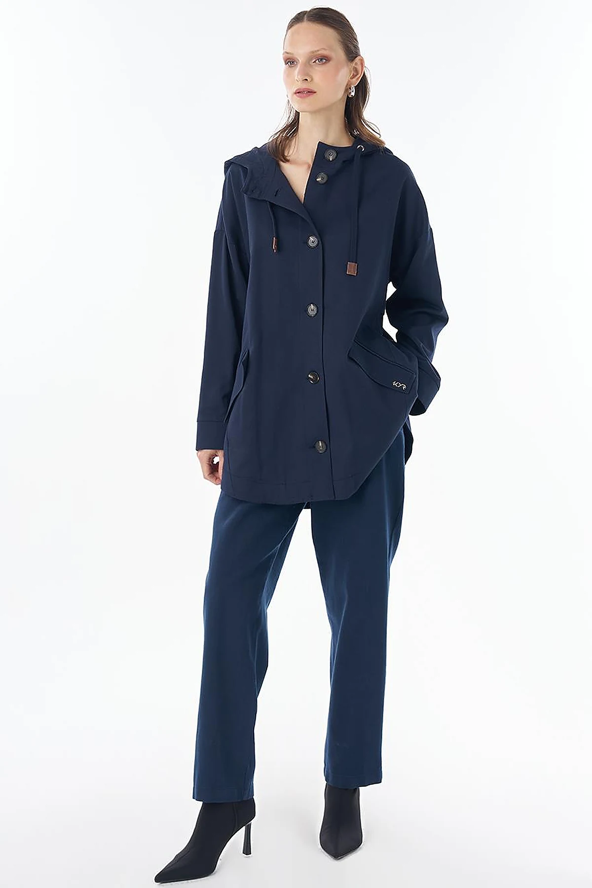 Hooded Cropped Trench Coat Dark Navy