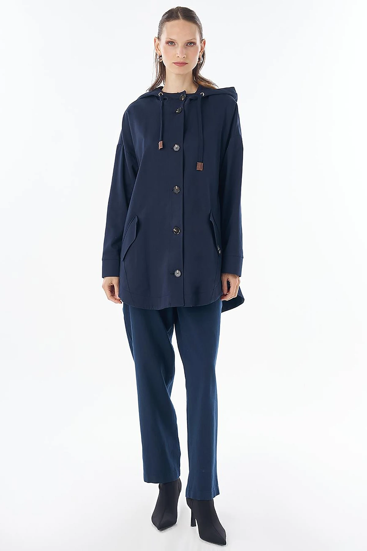 Hooded Cropped Trench Coat Dark Navy