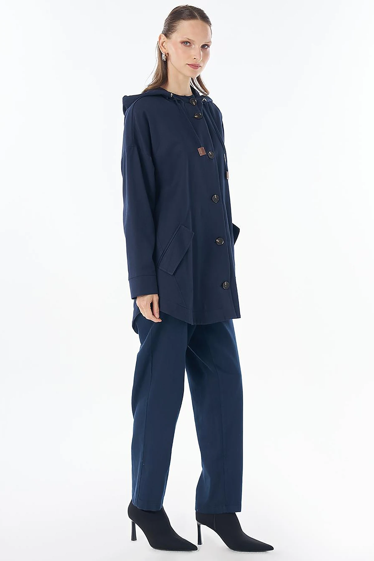 Hooded Cropped Trench Coat Dark Navy