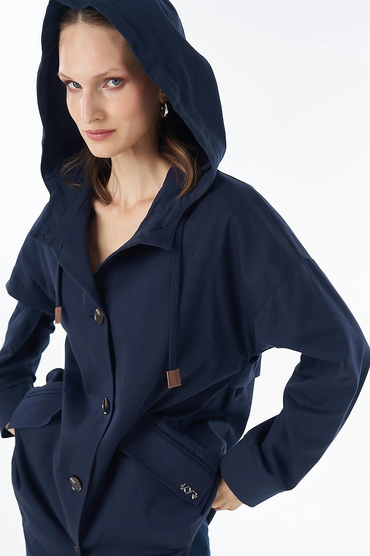 Hooded Cropped Trench Coat Dark Navy