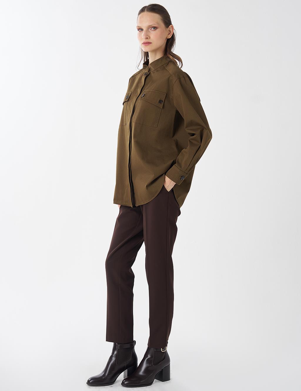 Band Collar Cotton Blouse Khaki