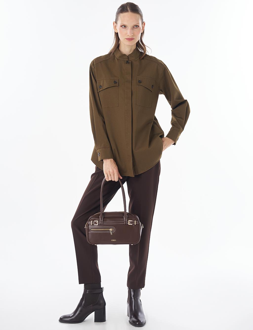 Band Collar Cotton Blouse Khaki