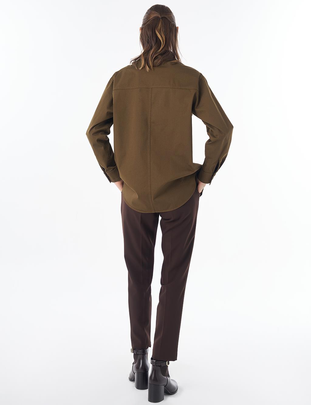 Band Collar Cotton Blouse Khaki