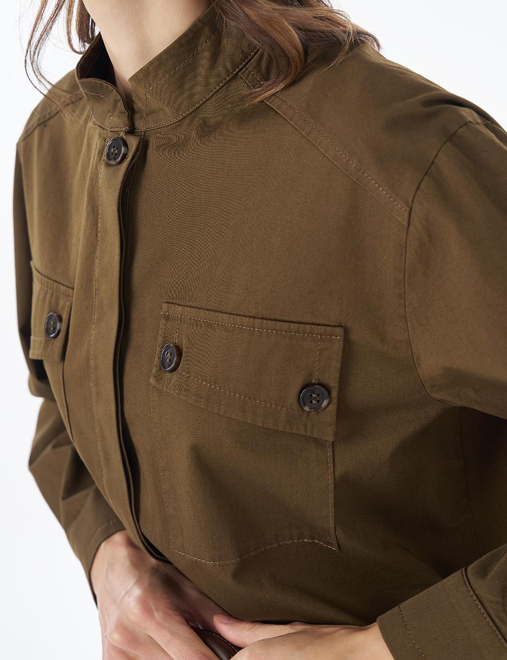 Band Collar Cotton Blouse Khaki