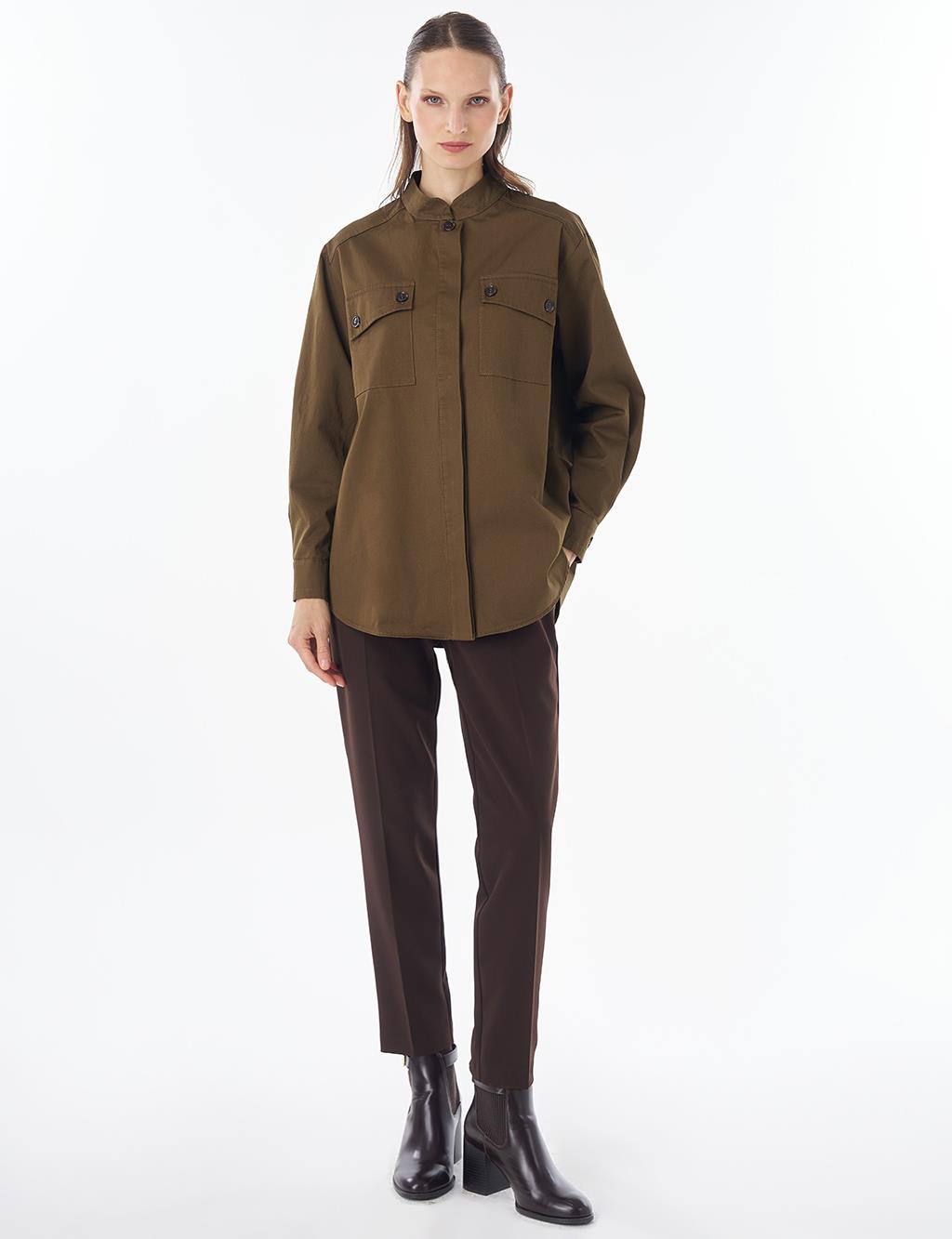 Band Collar Cotton Blouse Khaki