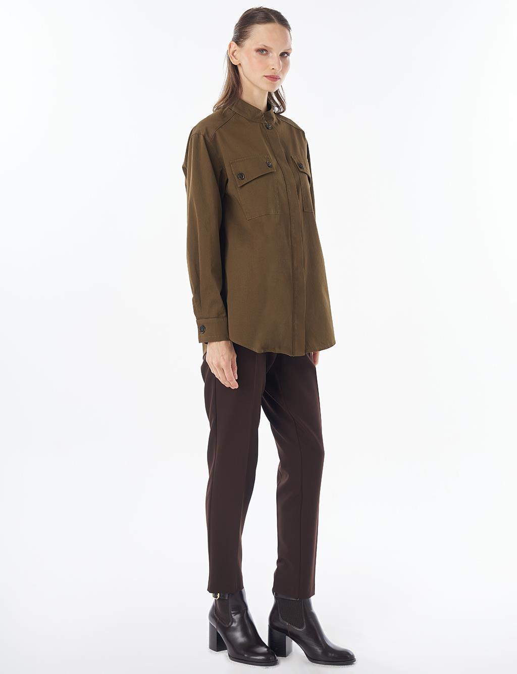 Band Collar Cotton Blouse Khaki