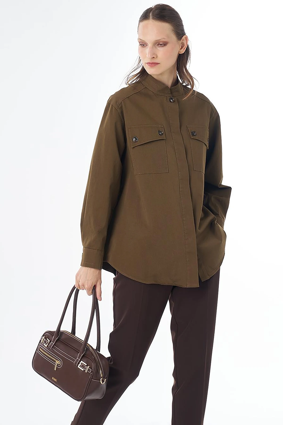 Band Collar Cotton Blouse Khaki