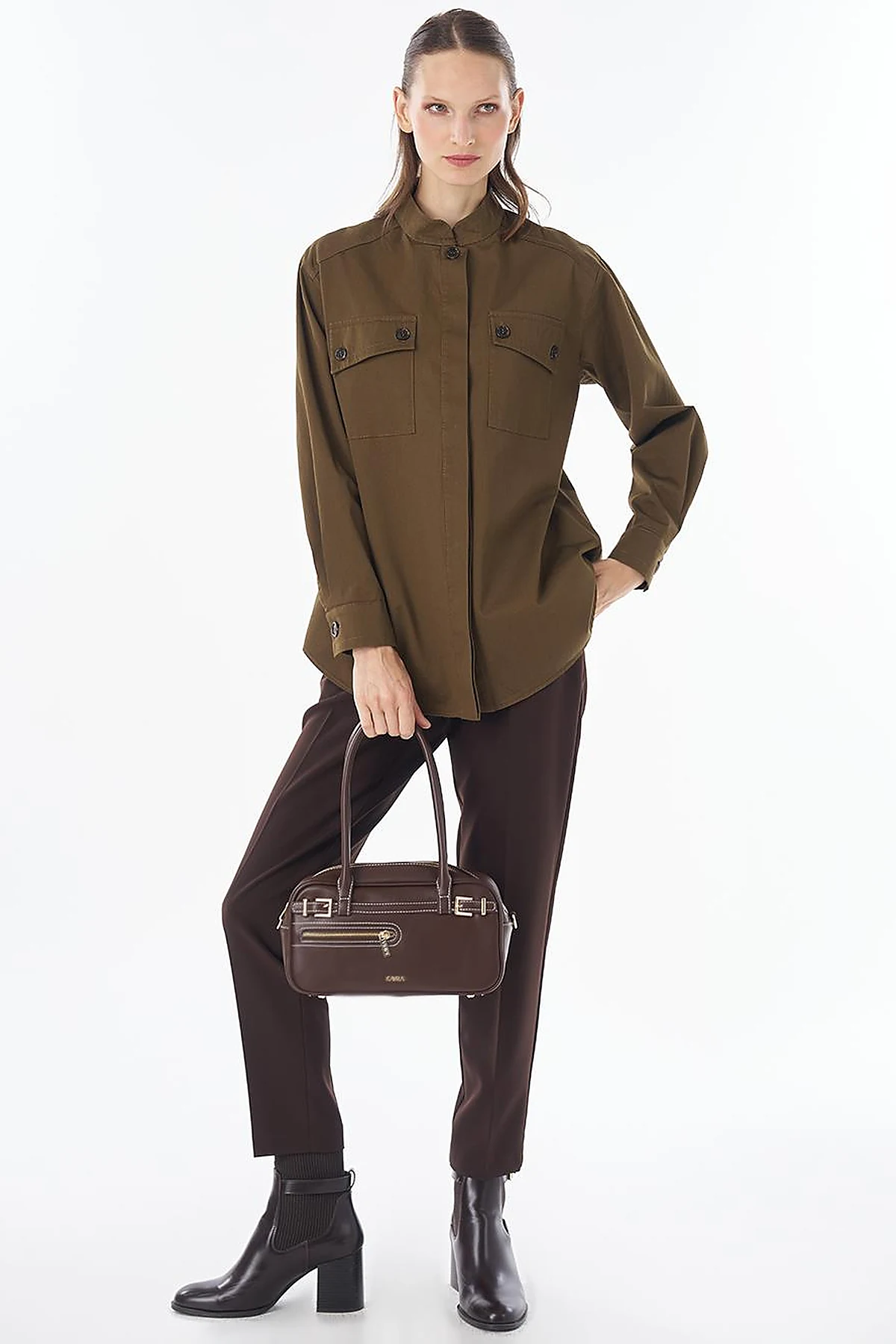 Band Collar Cotton Blouse Khaki