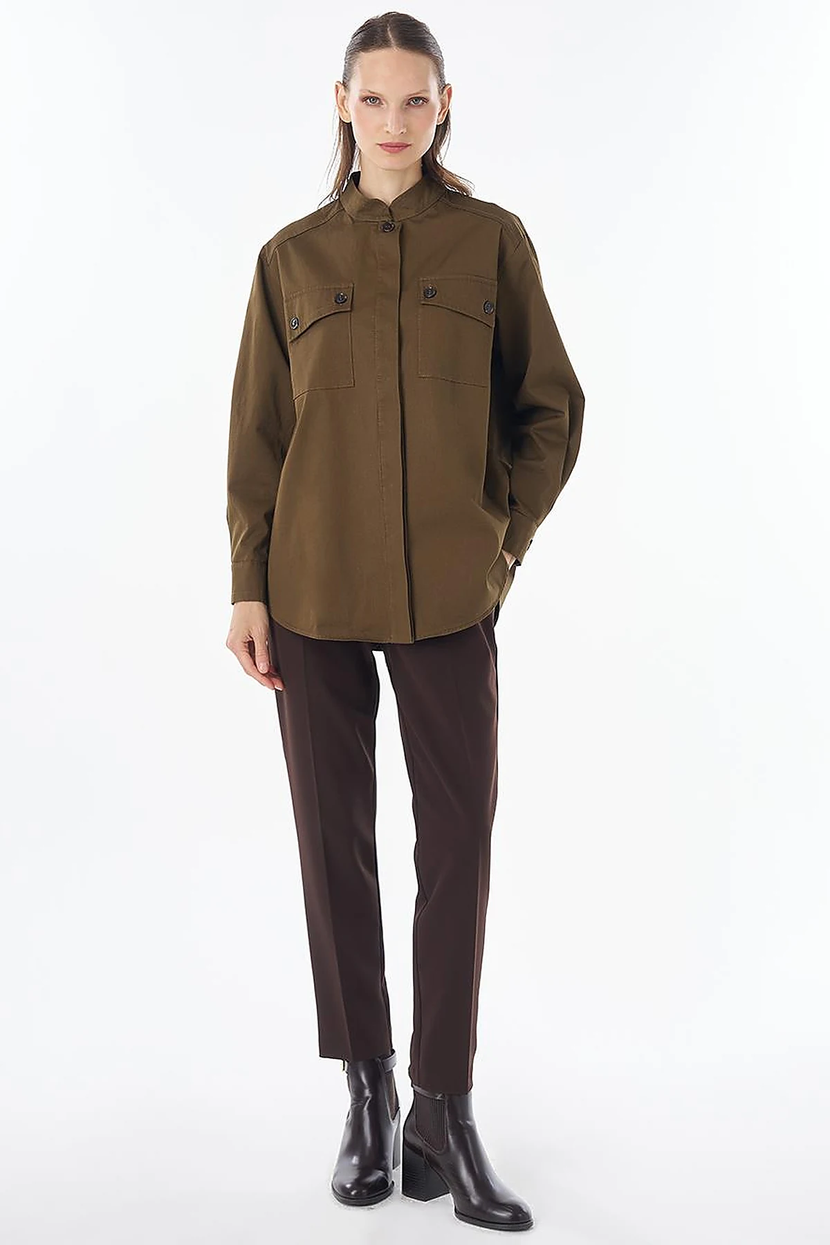 Band Collar Cotton Blouse Khaki