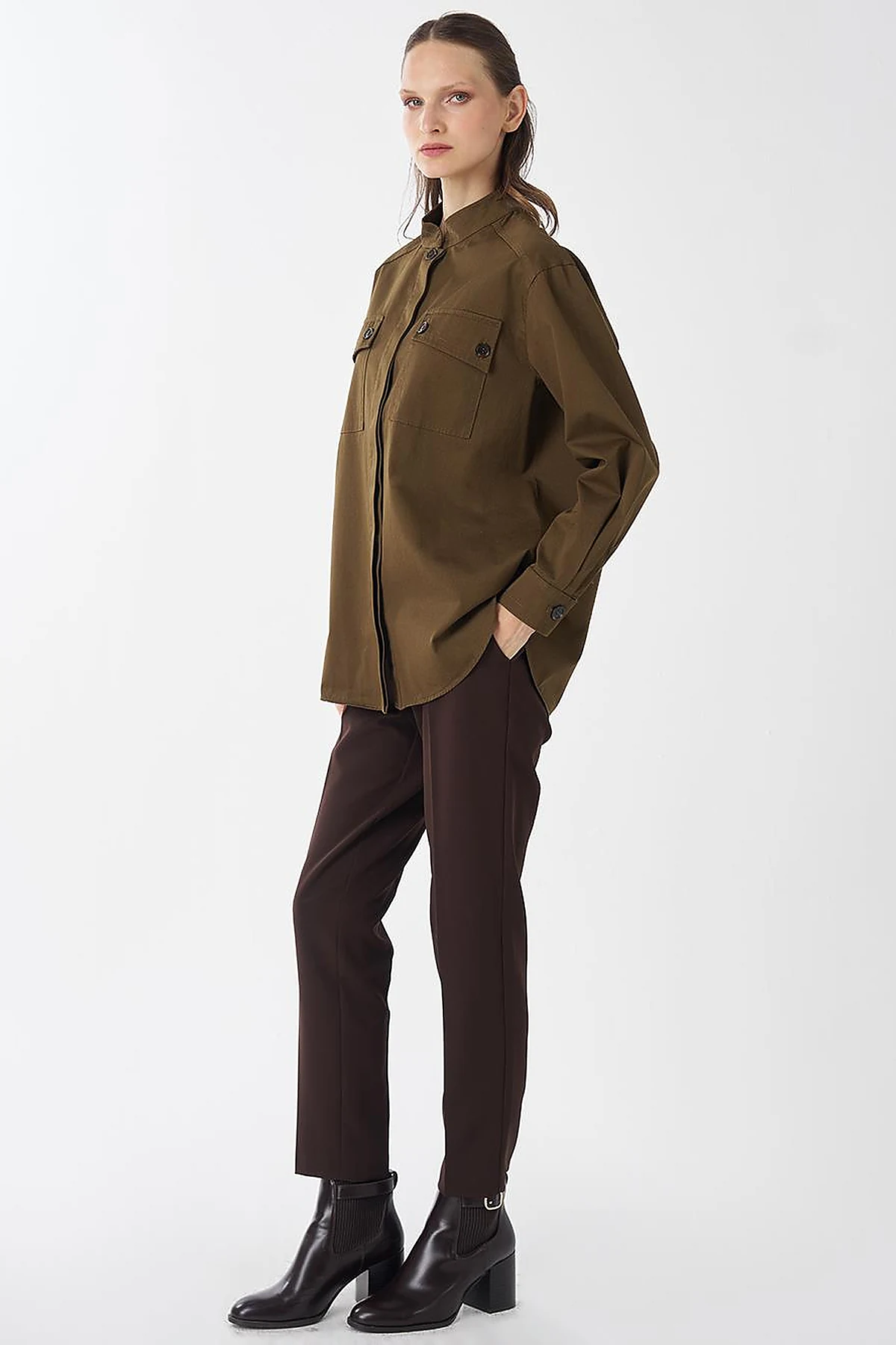 Band Collar Cotton Blouse Khaki