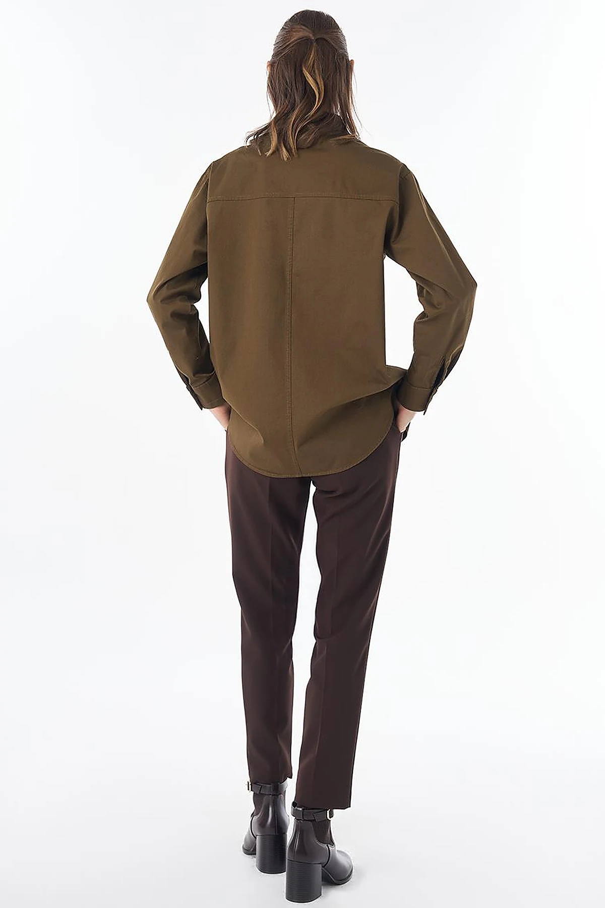 Band Collar Cotton Blouse Khaki