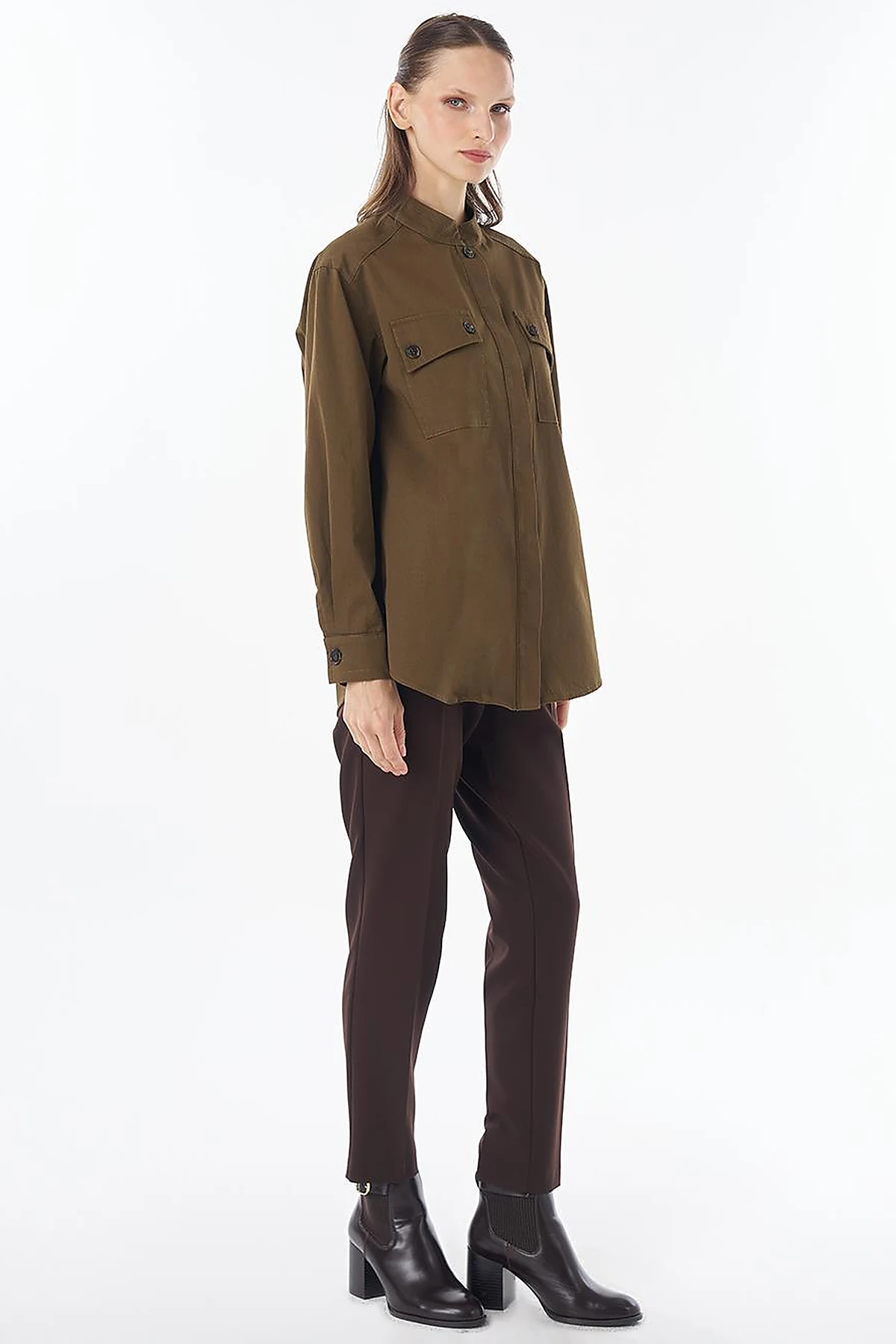 Band Collar Cotton Blouse Khaki