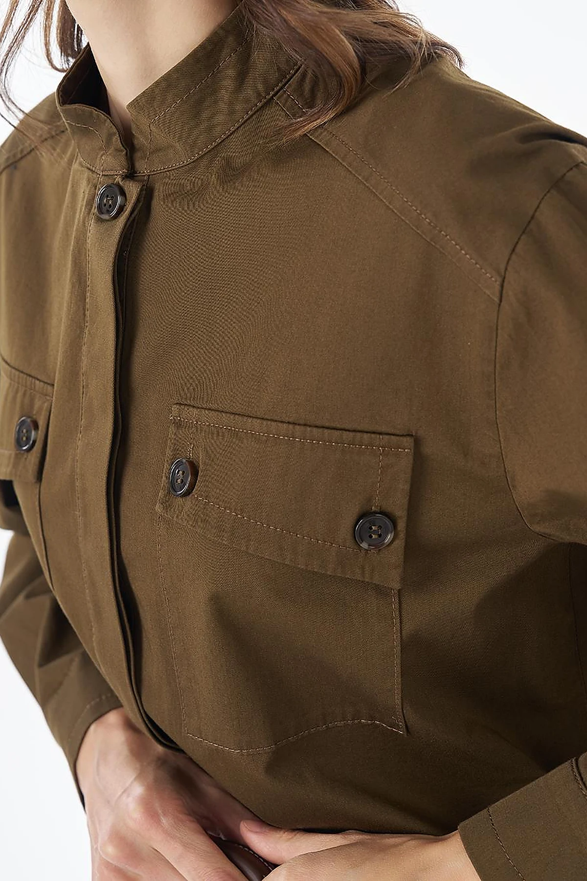Band Collar Cotton Blouse Khaki