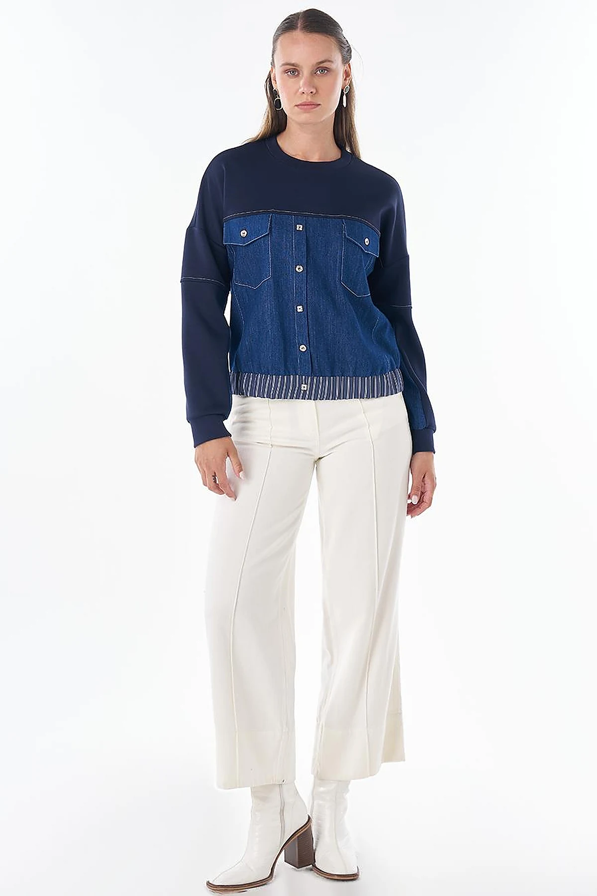 Denim-Trim Sweatshirt Navy