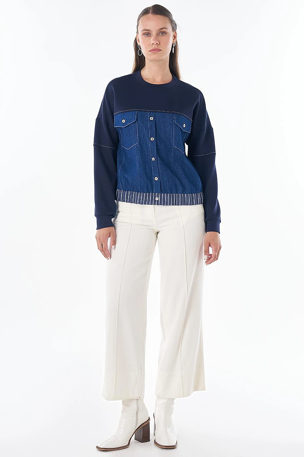 Denim-Trim Sweatshirt Navy