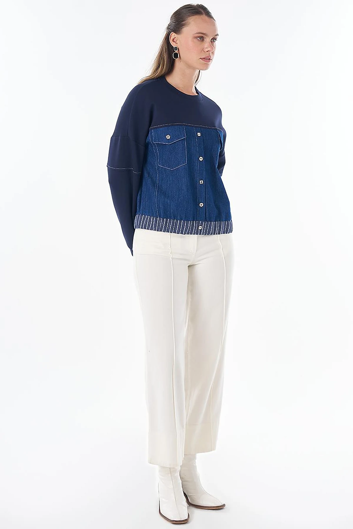Denim-Trim Sweatshirt Navy