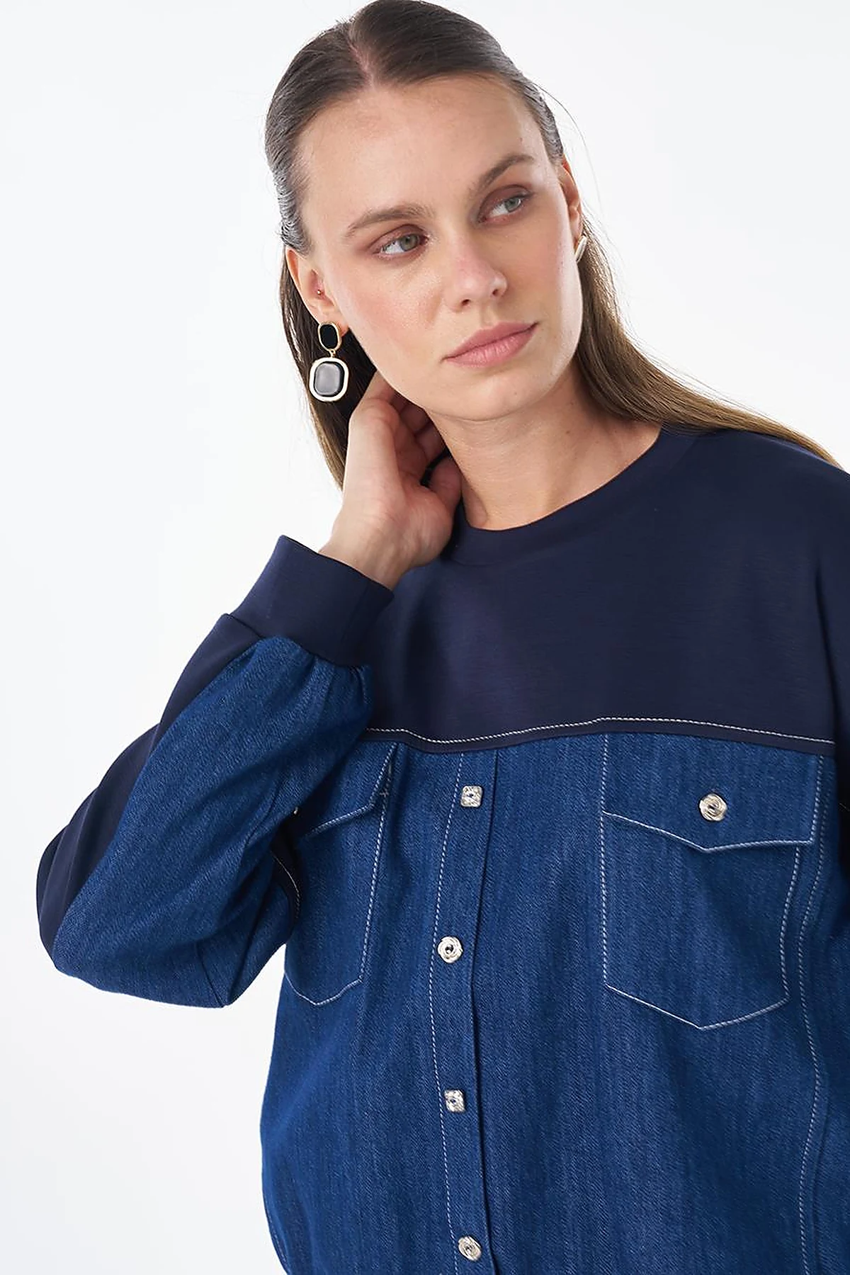 Denim-Trim Sweatshirt Navy
