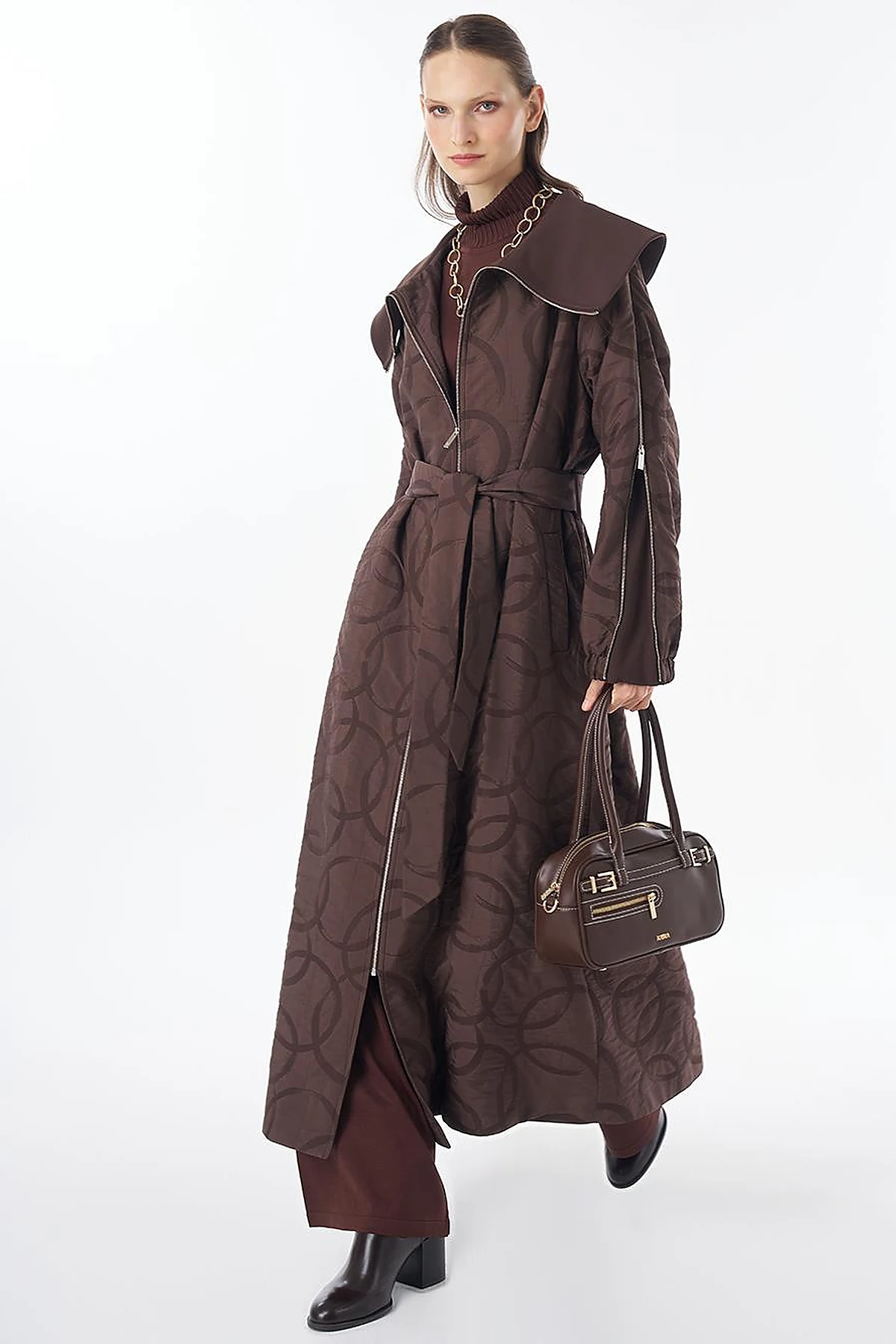 Patterned Zip-Detail Open Front Jacket Dark Brown