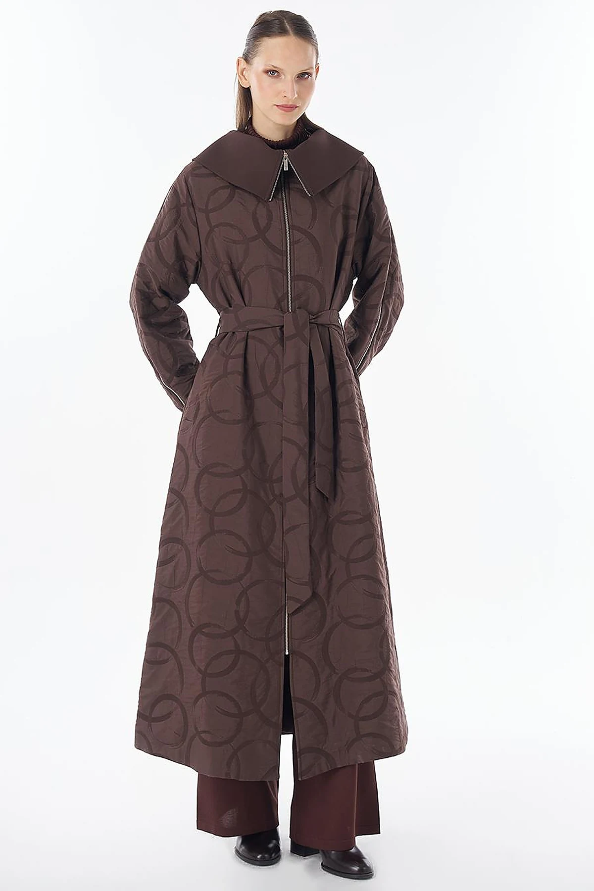 Patterned Zip-Detail Open Front Jacket Dark Brown