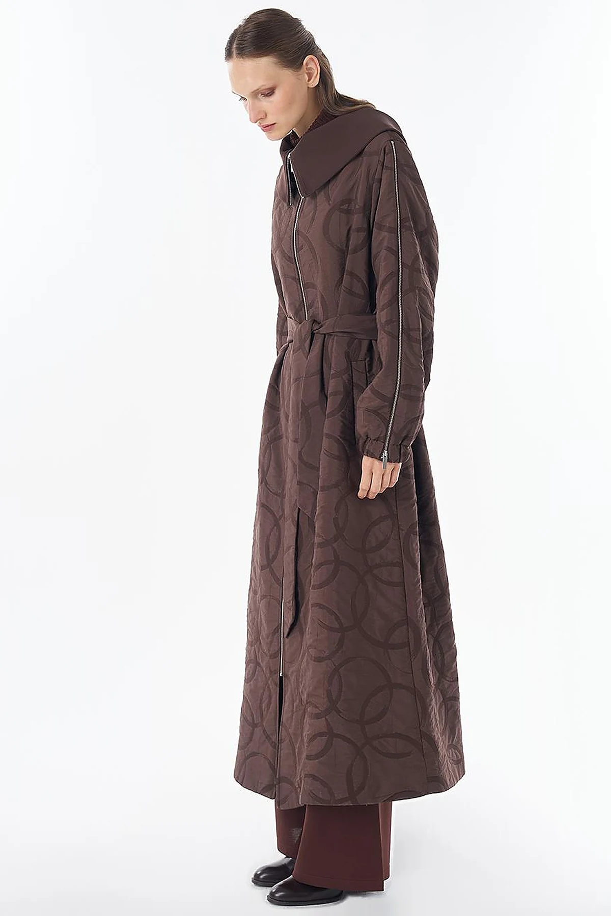 Patterned Zip-Detail Open Front Jacket Dark Brown