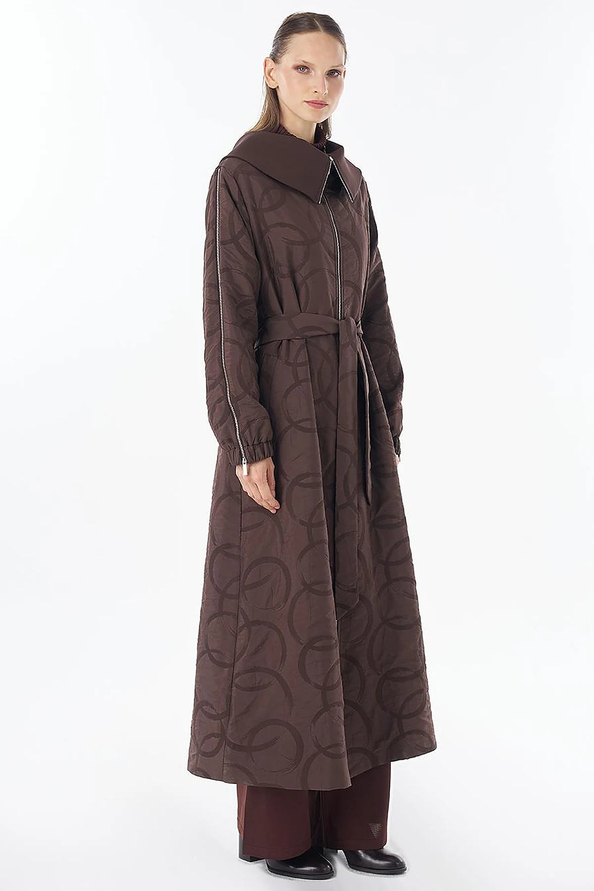 Patterned Zip-Detail Open Front Jacket Dark Brown