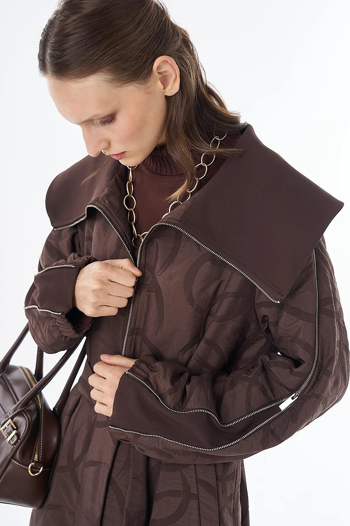 Patterned Zip-Detail Open Front Jacket Dark Brown