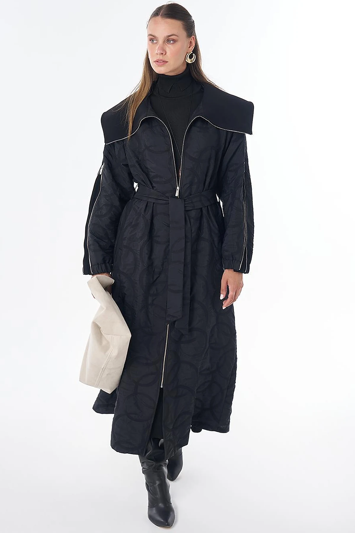 Patterned Zip-Detail Open Front Jacket Black