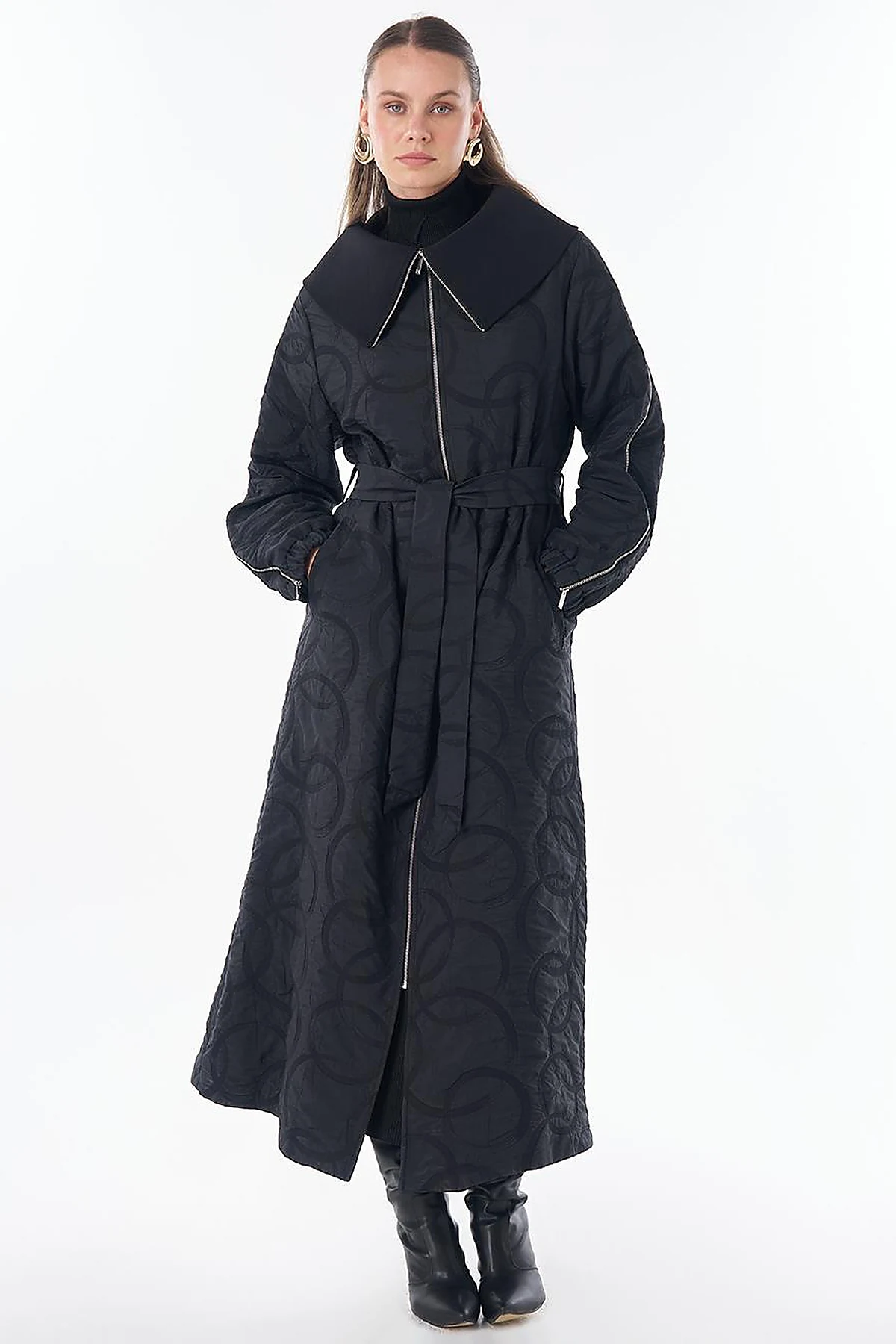 Patterned Zip-Detail Open Front Jacket Black