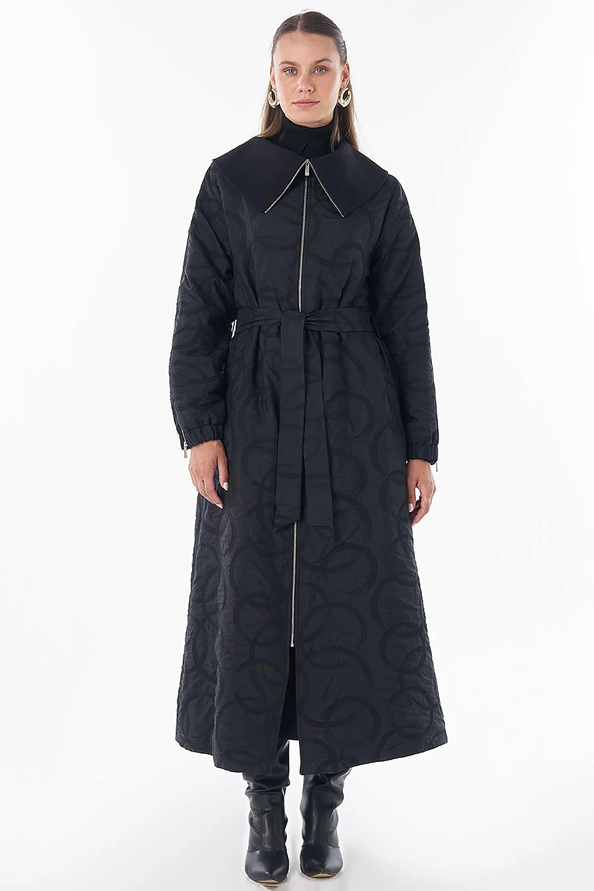 Patterned Zip-Detail Open Front Jacket Black