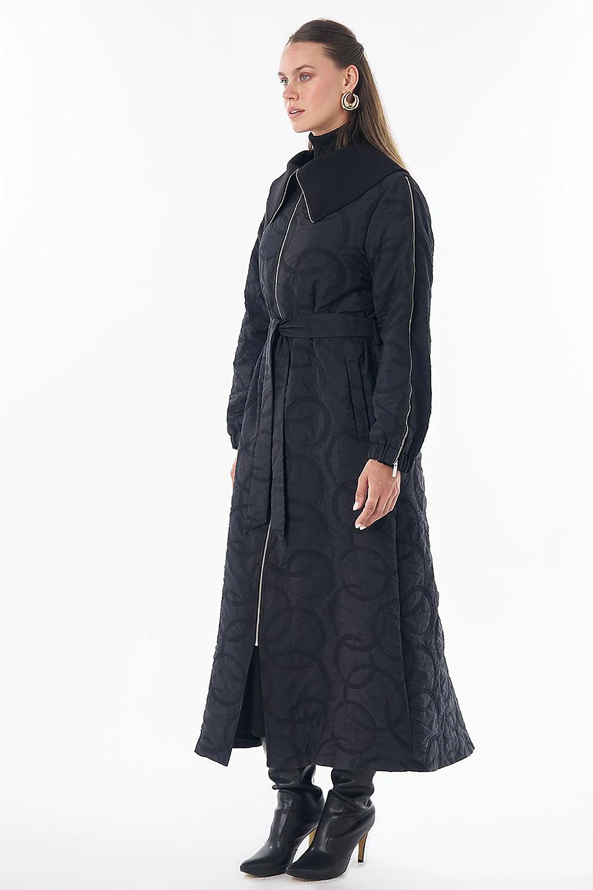 Patterned Zip-Detail Open Front Jacket Black