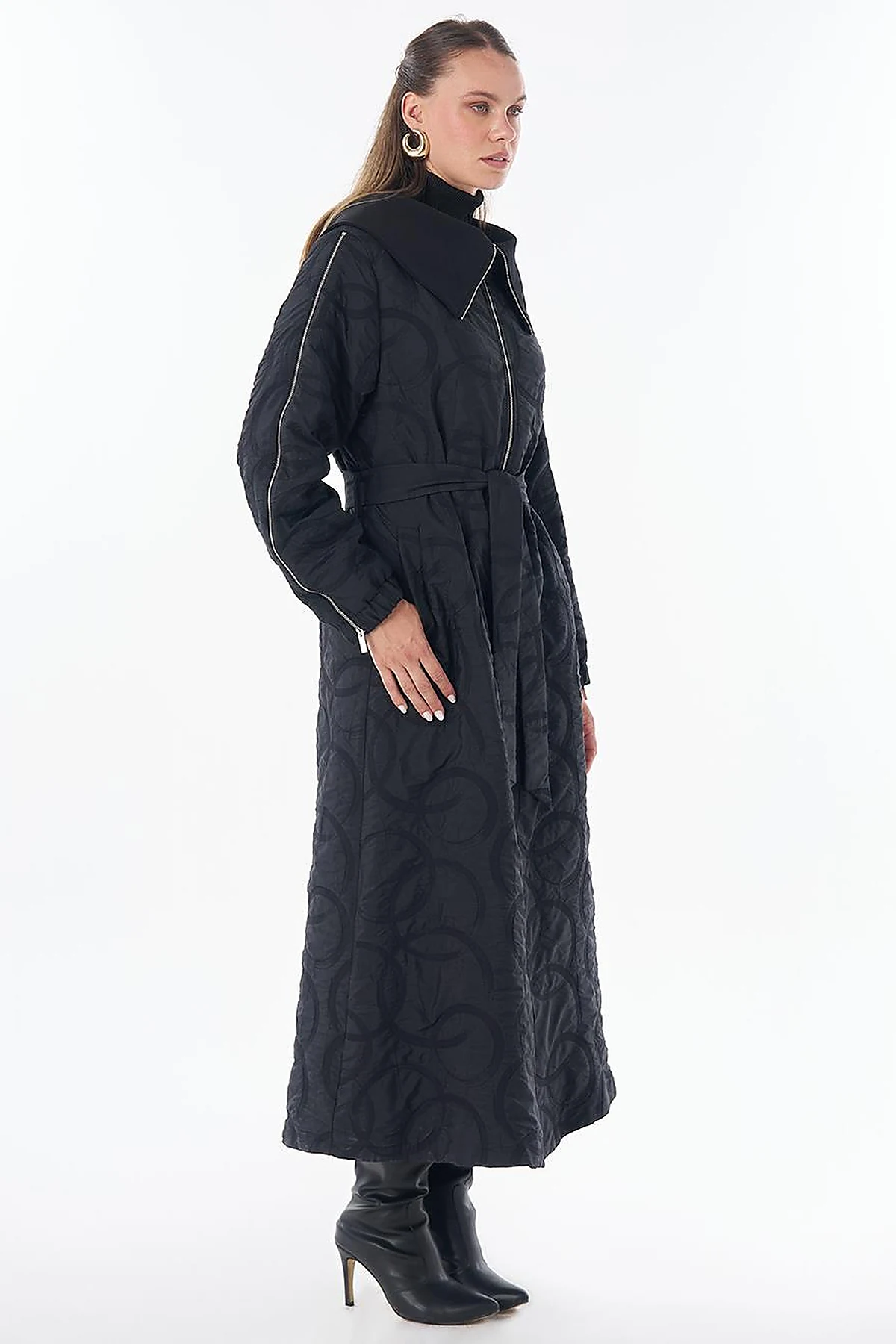 Patterned Zip-Detail Open Front Jacket Black