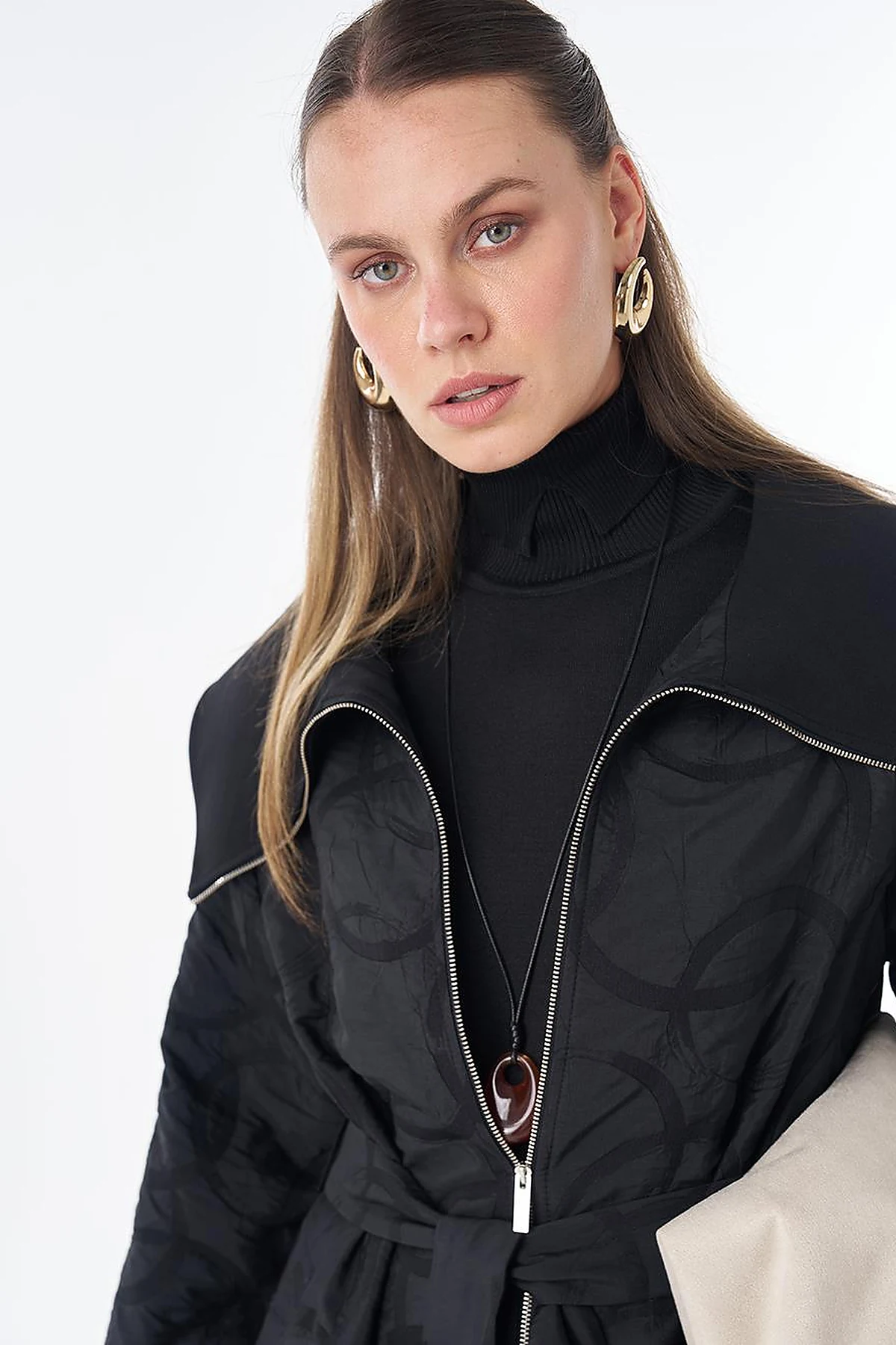 Patterned Zip-Detail Open Front Jacket Black