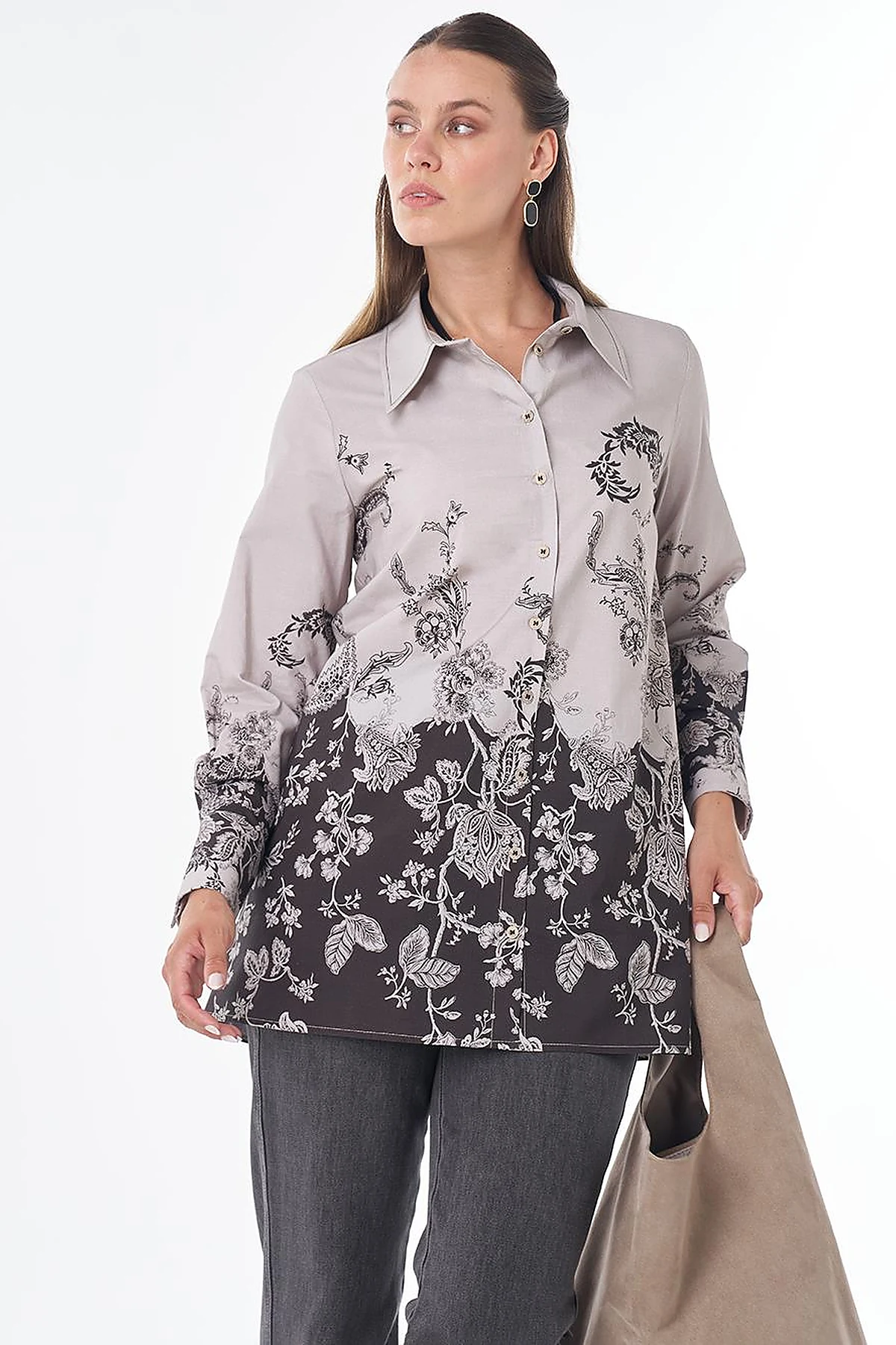Floral Desen Tunik Koyu Kahve