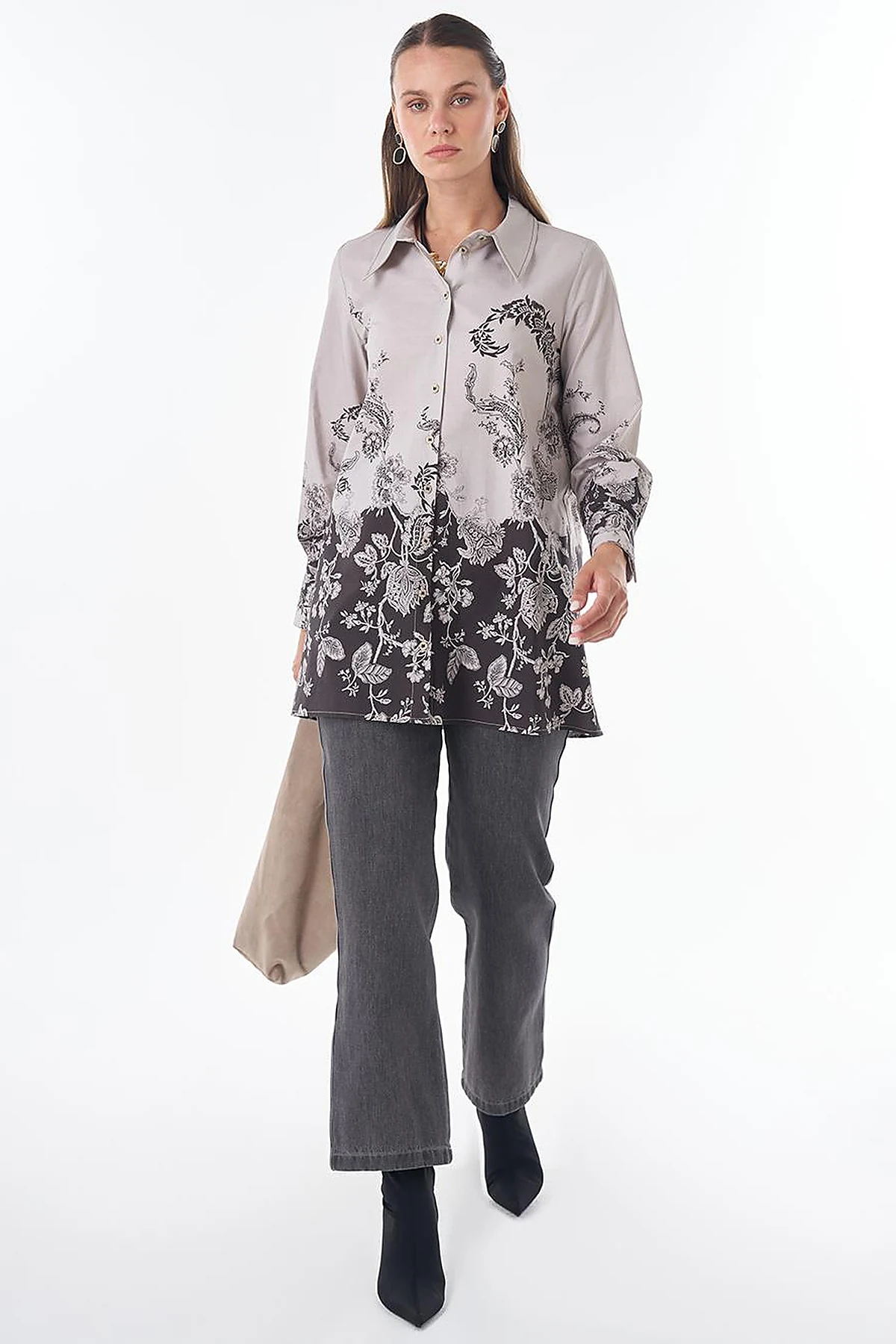 Floral Desen Tunik Koyu Kahve