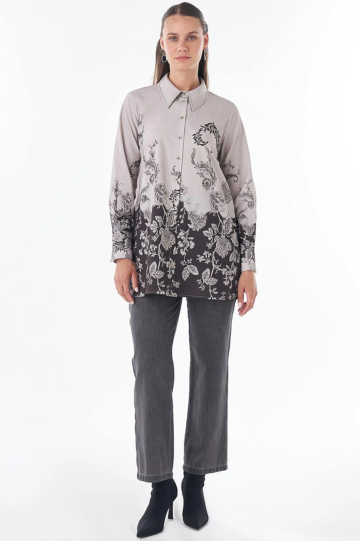 Floral Desen Tunik Koyu Kahve