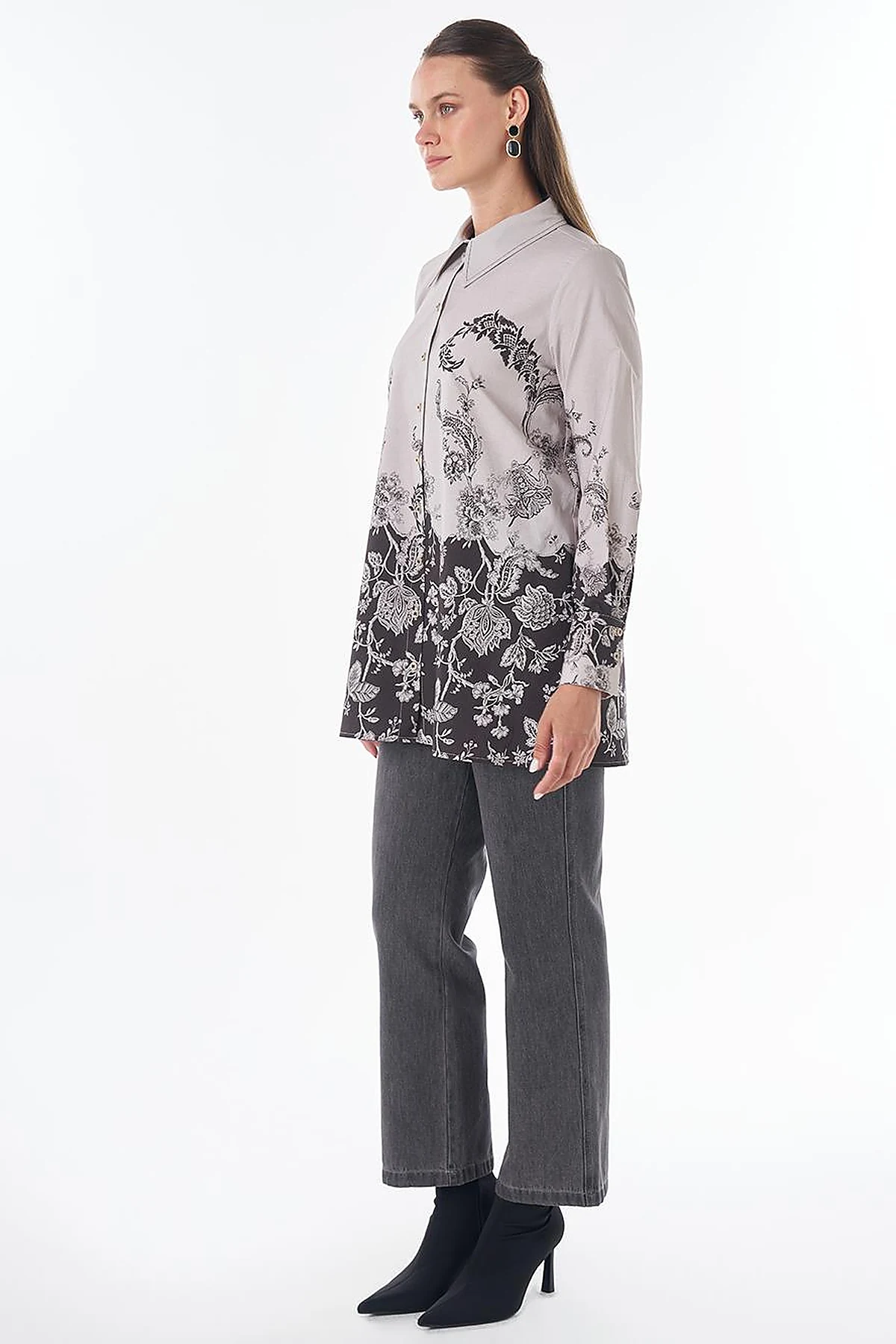 Floral Desen Tunik Koyu Kahve