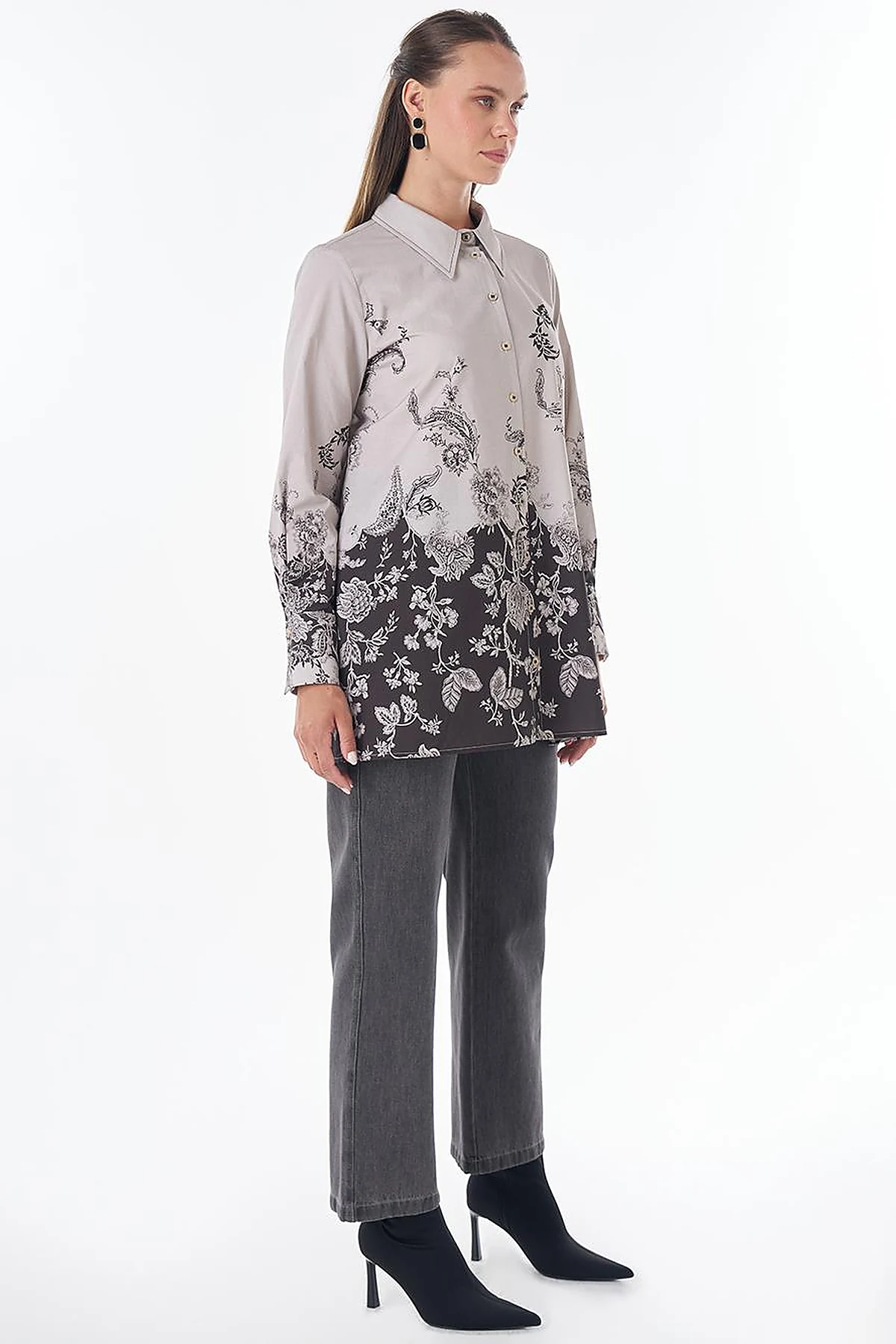 Floral Desen Tunik Koyu Kahve