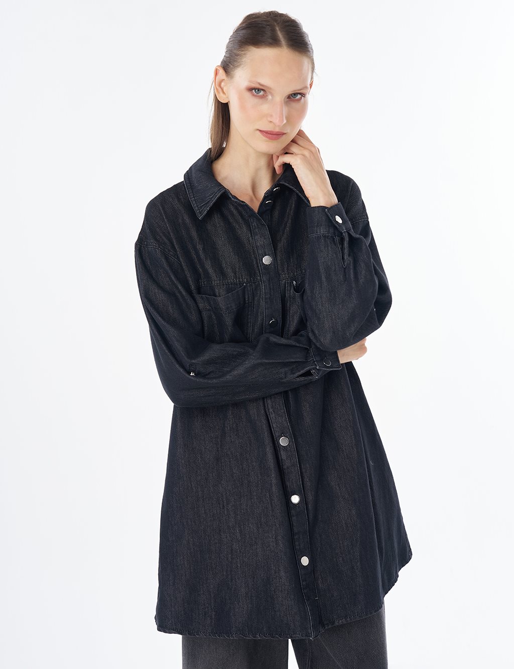 Washed Double-Pocket Denim Tunic - Anthracite