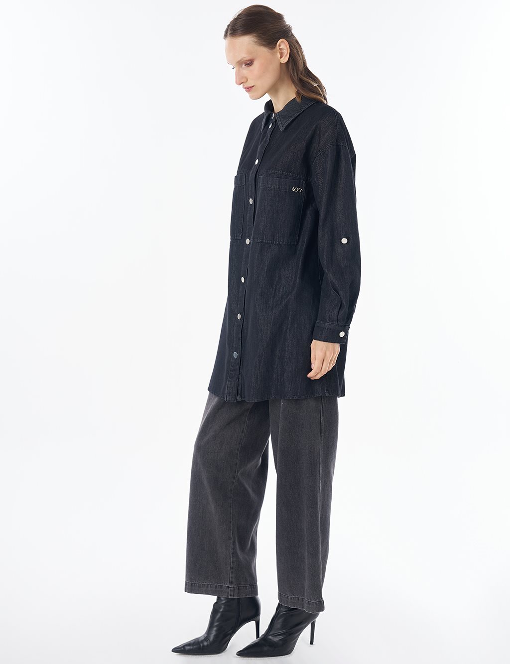 Washed Double-Pocket Denim Tunic - Anthracite