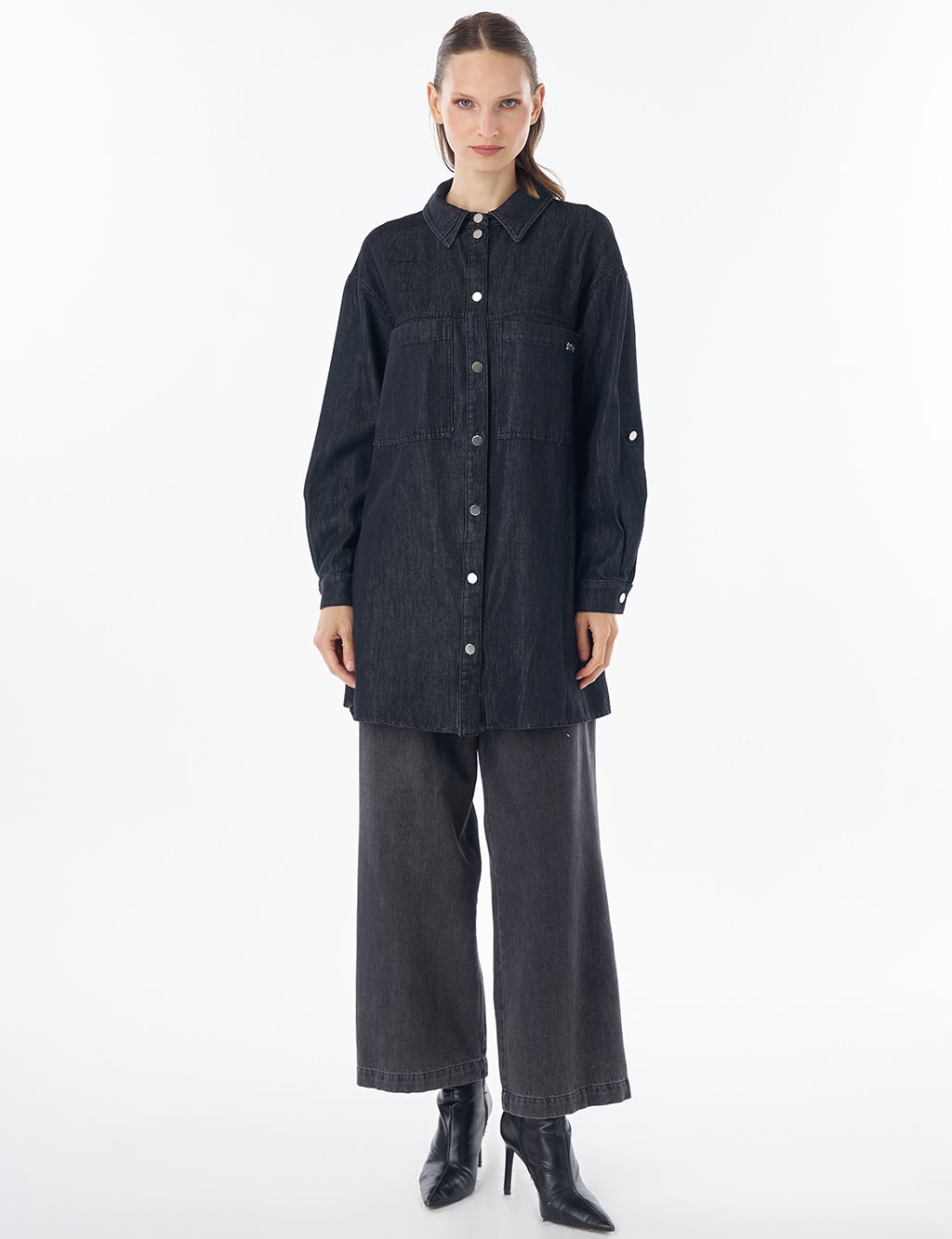 Washed Double-Pocket Denim Tunic - Anthracite