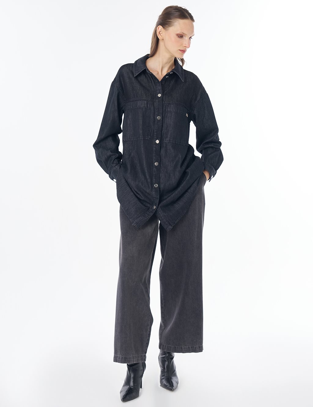 Washed Double-Pocket Denim Tunic - Anthracite