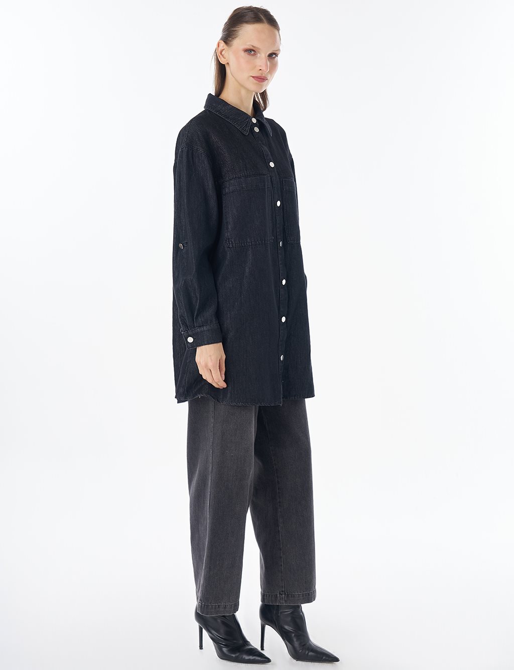 Washed Double-Pocket Denim Tunic - Anthracite